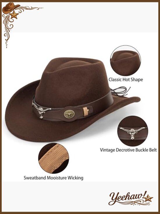 Wide Brim Felt Cowboy Hat Adjustable Western Fedora for Women Men main image 4